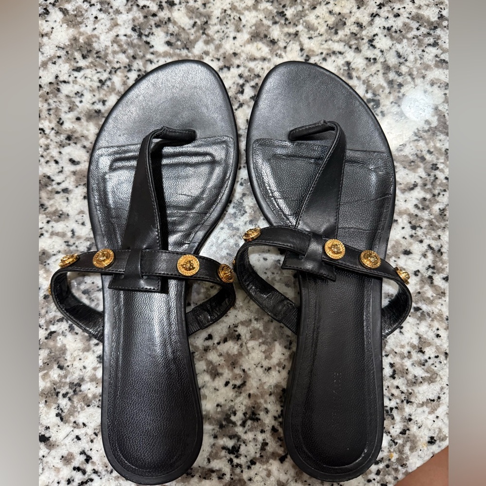 Versace Flat T-Strap Shoes Medusa Emblem Stud Black